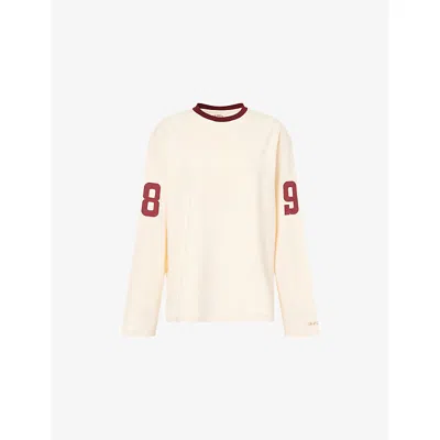 Ru & Rocka Womens Cream / Burgundy Football Long-sleeves Cotton-jersey T-shirt In Neutral