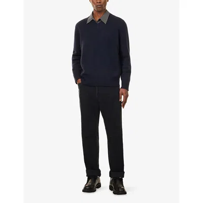 Soft Goat Mens Navy V-neck Knitted Cashmere Jumper In Blue