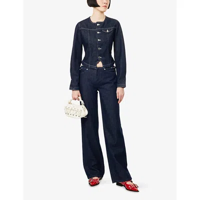 Peachy Den Womens Indigo Rinse Goldie Cropped Denim Jacket Xs In Blue