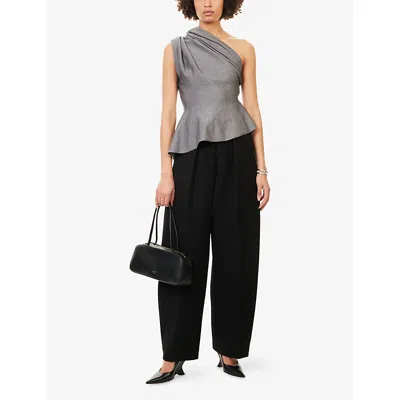 Khaite Aimee Asymmetric One-shoulder Draped Lurex Peplum Top In Gray