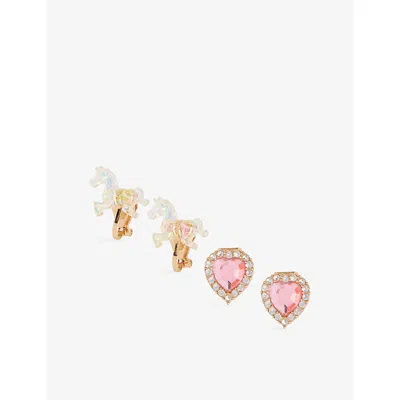 Stych Accessories Multi Brt Unicorn & Heart Pack Of Two Clip-on Earrings Gift Box In Pink