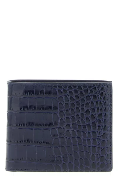 Tom Ford Croc Embossed Leather Compact Bifold Wallet In Blue