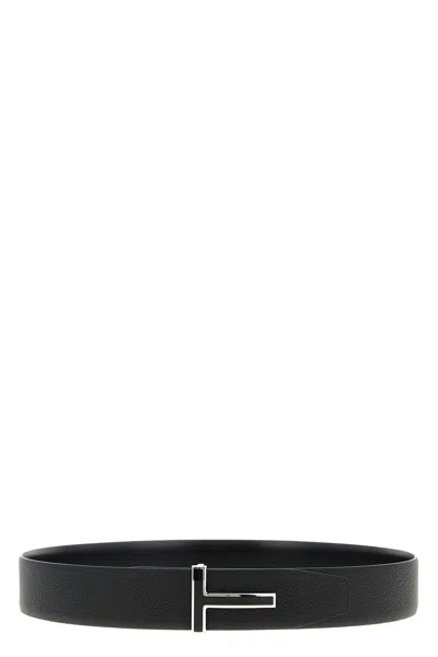 Tom Ford Dark Brown Reversible Textured Silver Buckle Belt In Black