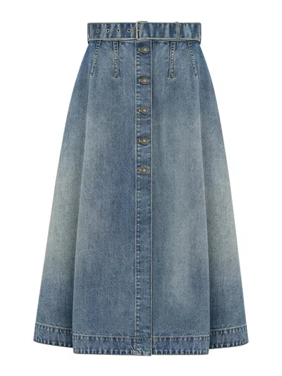 Dior Stonewashed Cotton Denim Flared Midi Skirt In Blue In Blue