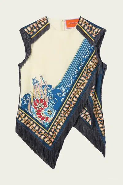 La Doublej Fringed Asymmetric Printed Silk-twill Top In Multi