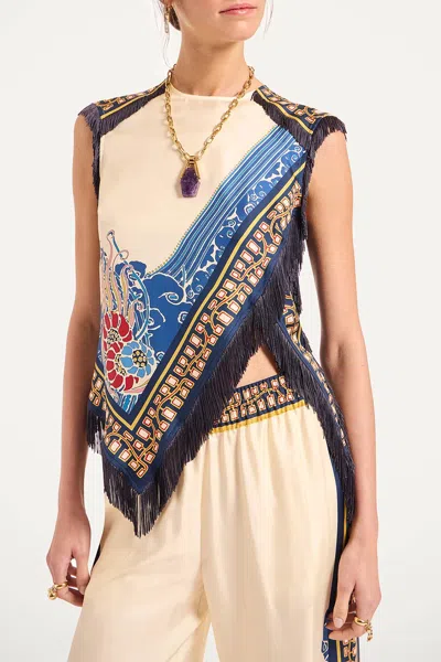La Doublej Fringed Asymmetric Printed Silk-twill Top In Multi