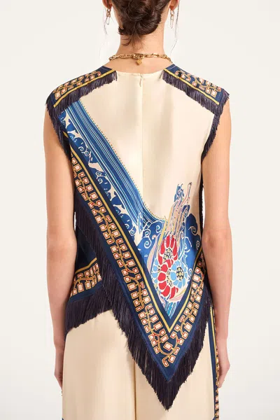 La Doublej Fringed Asymmetric Printed Silk-twill Top In Multi