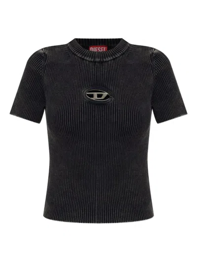 Diesel Short Sleeve Ribbed Crew Neck Top In Black