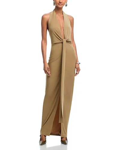 Norma Kamali Tie Front Halter Gown In Brown