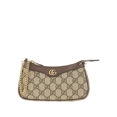 Gucci Women Beige Shoulder Bag With Gg Plaque On The Front And Chain-link Handle In Gg Canvas Woman In Brown