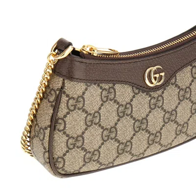 Gucci Women Beige Shoulder Bag With Gg Plaque On The Front And Chain-link Handle In Gg Canvas Woman In Brown