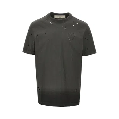 Golden Goose Vintage-effect Anthracite T-shirt With Perforated Heart Men In Black