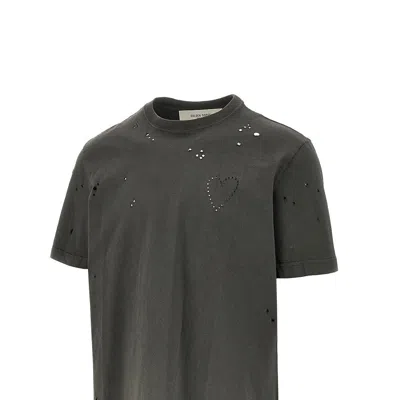 Golden Goose Vintage-effect Anthracite T-shirt With Perforated Heart Men In Black