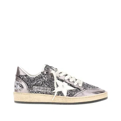 Golden Goose Ballstar Sneakers In Laminated Leather And Glitter In Gray