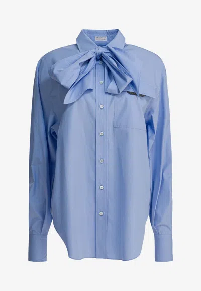 Brunello Cucinelli Long-sleeved Buttoned Shirt With Bow In Blue