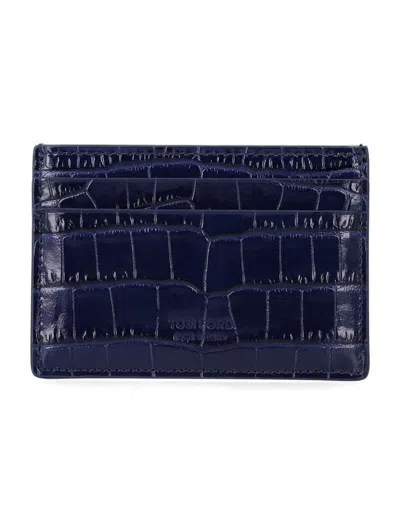 Tom Ford Croco Embossed Leather Cardholder In Blue