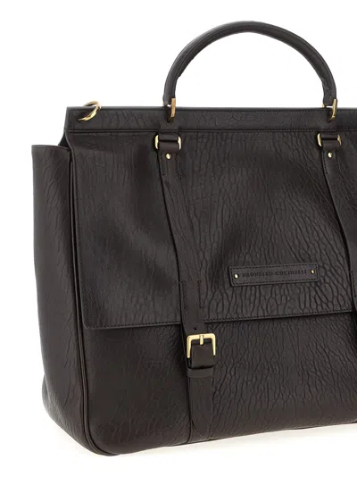 Brunello Cucinelli Textured Grain Leather Briefcase In Brown