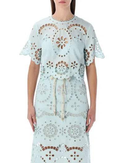 Zimmermann Awaken Cropped Broderie Anglaise Linen Top In Blue