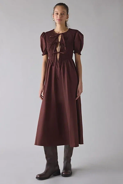Glamorous Puff Sleeve Tie-front Smocked Midi Dress In Burgundy, Women's At Urban Outfitters In Burgundy