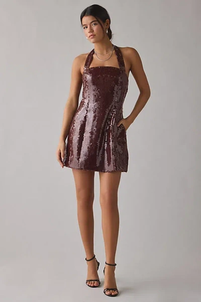Bardot Nevelle Sequin Halter Fit-and-flare Mini Dress In Dark Red, Women's At Urban Outfitters In Burgundy
