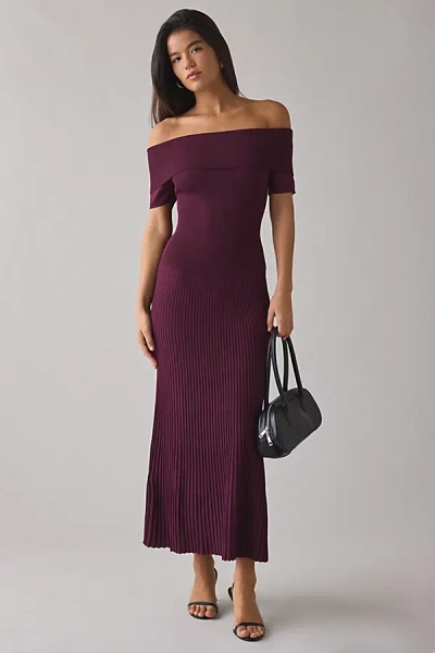 Bardot Harro Pleated Knit Off-the Shoulder Midi Dress In Dark Red, Women's At Urban Outfitters In Burgundy