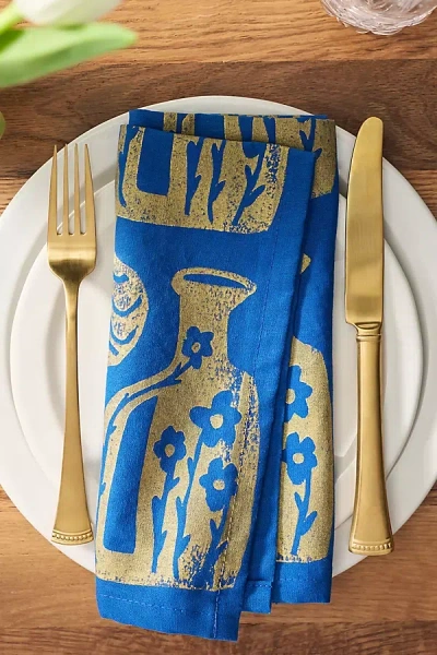Julie Peach Gold Vessel Dinner Napkins, Set Of 4 In Blue