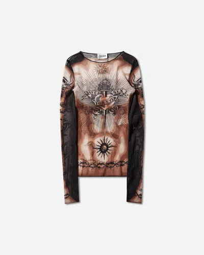 Jean Paul Gaultier Tattoo-inspired Sheer Long-sleeved Top With Bold Motifs In Brown