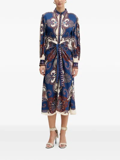 Farm Rio Blue Arabesque Scarf Lenzing Ecovero Viscose Midi Dress In Multi