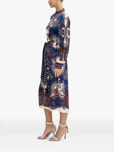 Farm Rio Blue Arabesque Scarf Lenzing Ecovero Viscose Midi Dress In Multi