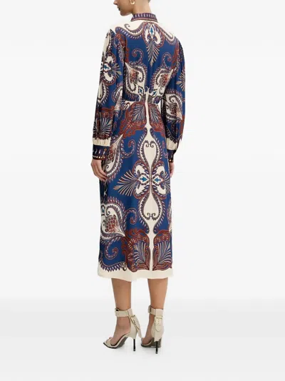 Farm Rio Blue Arabesque Scarf Lenzing Ecovero Viscose Midi Dress In Multi