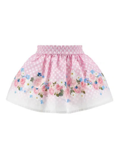 Monnalisa Gingham Floral-print Skirt In Pink