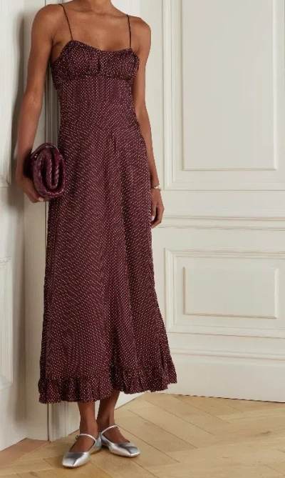 Doen Rosaria Gathered Polka-dot Silk-blend Midi Dress In Burgundy