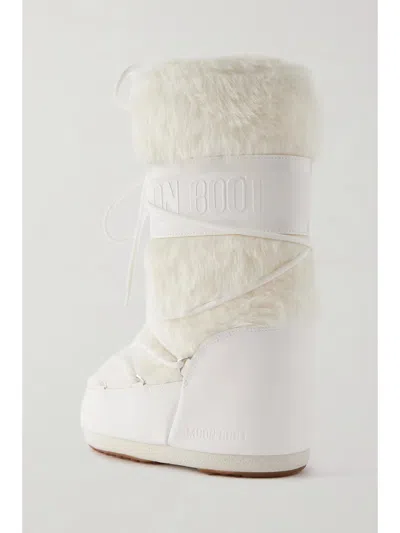 Moon Boot Faux Fur Ankle Boots With Lace-up Design In White