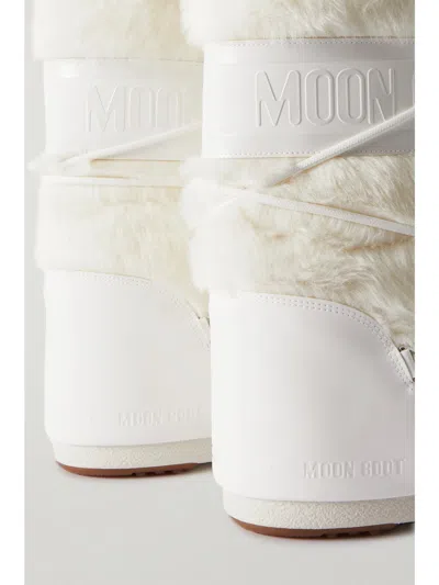 Moon Boot Faux Fur Ankle Boots With Lace-up Design In White
