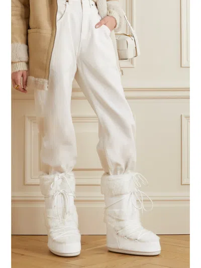 Moon Boot Faux Fur Ankle Boots With Lace-up Design In White