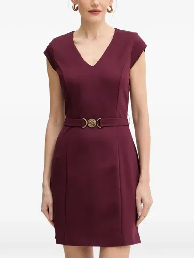 Guess Usa V-neck Belted Mini Dress In Burgundy