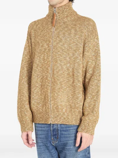 Loewe Zip Front Knitted Cotton Blend Cardigan In Brown
