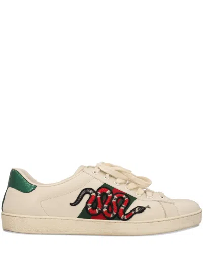Pre-owned Gucci Snake-embroidery Web-stripe Sneakers In Neutral