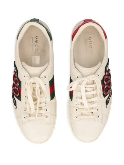 Pre-owned Gucci Snake-embroidery Web-stripe Sneakers In Neutral