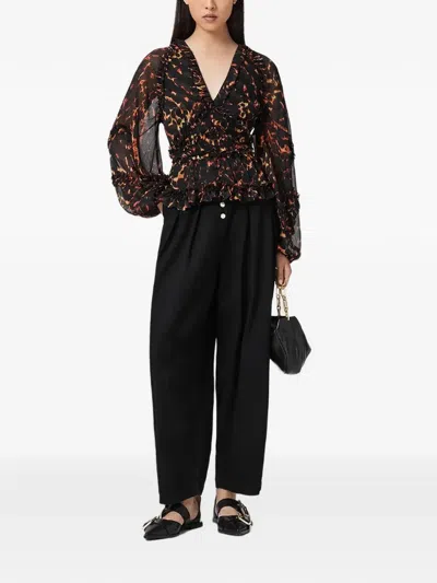 Allsaints Ruffled Animal-print Blouse In Black