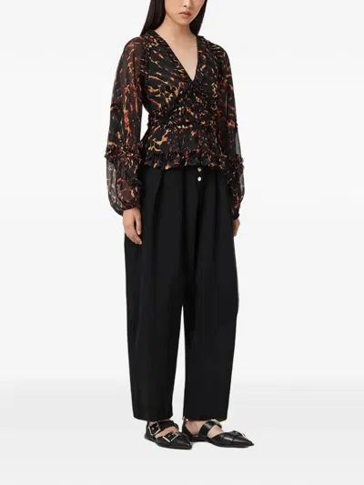 Allsaints Ruffled Animal-print Blouse In Black