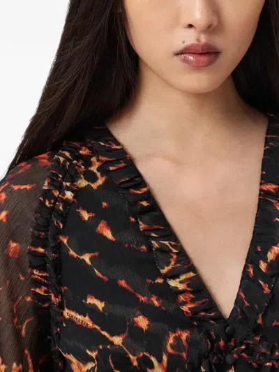 Allsaints Ruffled Animal-print Blouse In Black