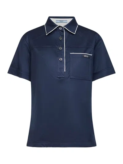 Prada Abbigliamento Blue Lisle Cotton Polo Shirt In Blue
