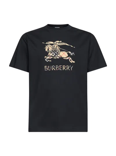 Burberry Men Black Crewneck T-shirt With Ekd And Logo Lettering Embroidery On The Front In Cotton Ma