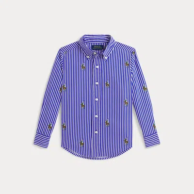 Polo Ralph Lauren Striped Polo Bear-motif Cotton Shirt In Blue