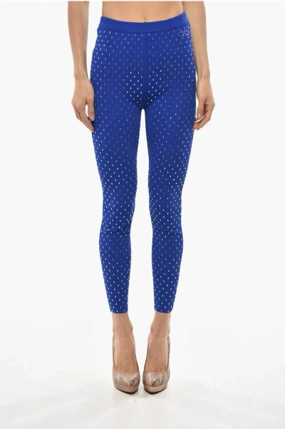Elisabetta Franchi Knitted Leggings With All-over Rhinestones In Blue