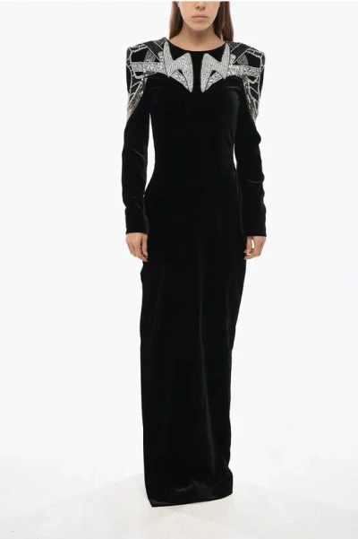 Balmain Ls Embroidered Velvet Halter Dress In Black