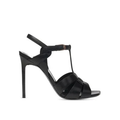Saint Laurent Black Calfskin Stiletto Heel Sandals In Black