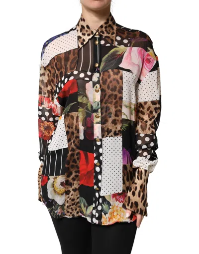 Dolce & Gabbana Multicolor Patchwork Silk Collaredblouse Top In Multi