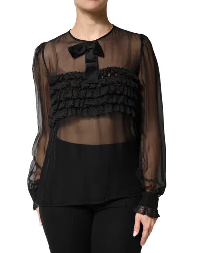 Dolce & Gabbana Black Silk Sheer Ruffle Tie-neck Blouse Top In Black